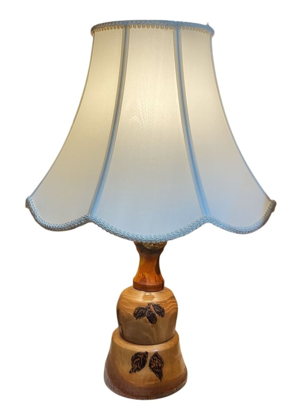 Handcrafted Wooden Table Lamp With Floral Accents & Brass Hardware 23"H x 16"W